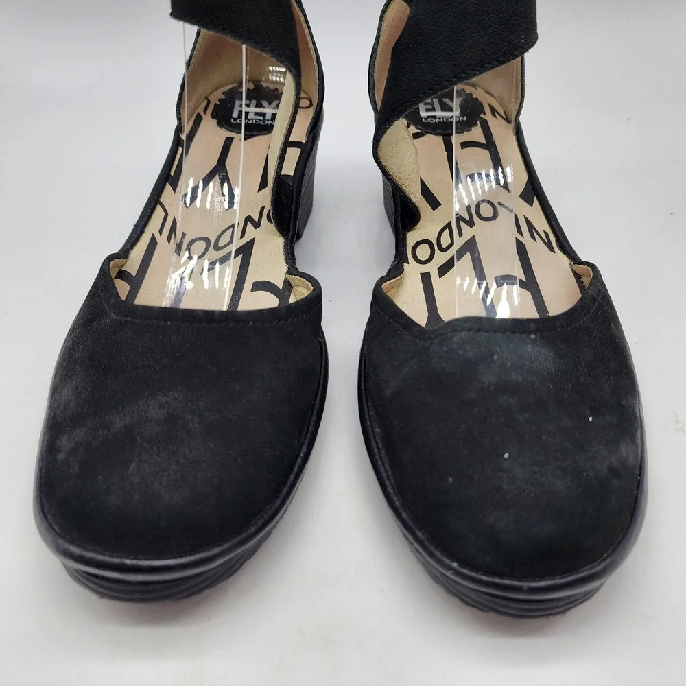 Fly London Piat Ankle Strap Wedge Sandals Womens 40 US 9-9.5 Black Suede Comfort